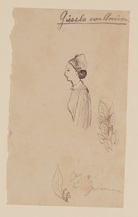 Weibliche Halbfigur, Blätter [aus einer Mappe mit Skizzenblättern von Gisela von Arnim und Herman Grimm]