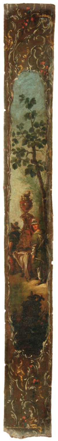 Zwei Diener tragen einen Brunnen mit Vasenaufsatz